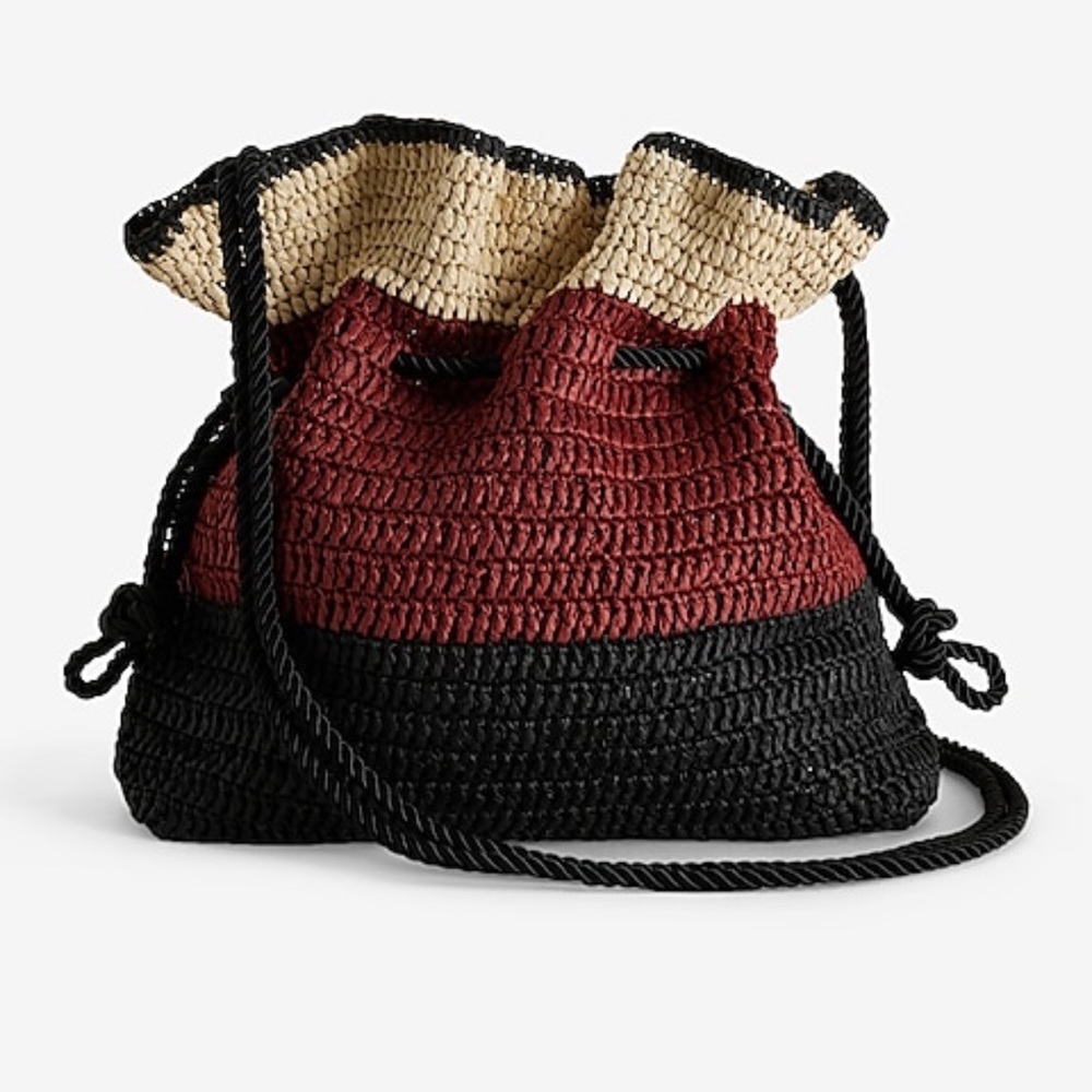 Express Woven Paper Straw Drawstring Three Toned Crossbody Bag